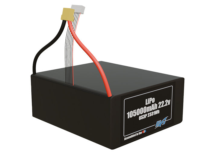 Rendered view of a slim 105000mAh LiPo pack, used in large UAV and defense-grade robotics projects.