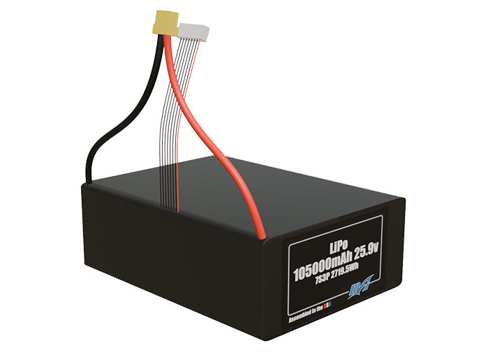 Rendered view of a slim 105000mAh LiPo pack, used in large UAV and defense-grade robotics projects.