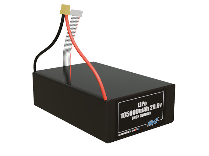 Rendered view of a slim 105000mAh LiPo pack, used in large UAV and defense-grade robotics projects.