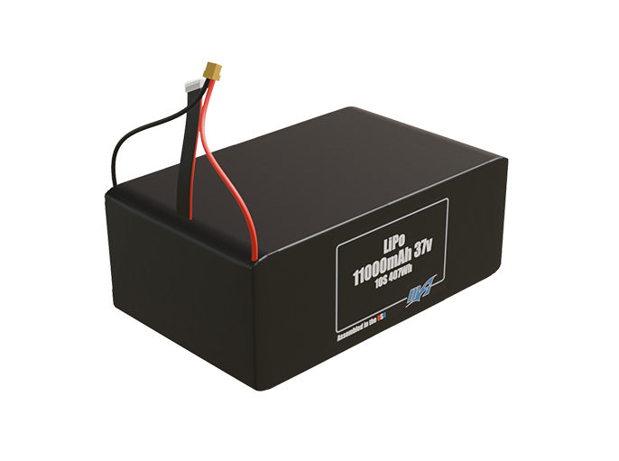 Rendered view of a slim 11000mAh LiPo pack, used in large UAV and defense-grade robotics projects.