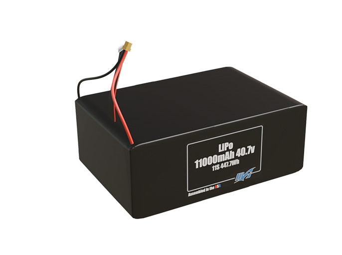 Rendered view of a slim 11000mAh LiPo pack, used in large UAV and defense-grade robotics projects.