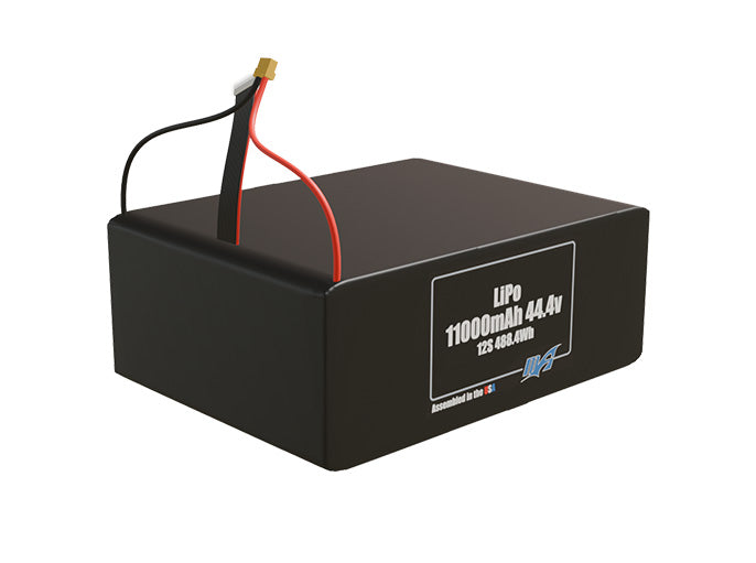 Rendered view of a slim 11000mAh LiPo pack, used in large UAV and defense-grade robotics projects.