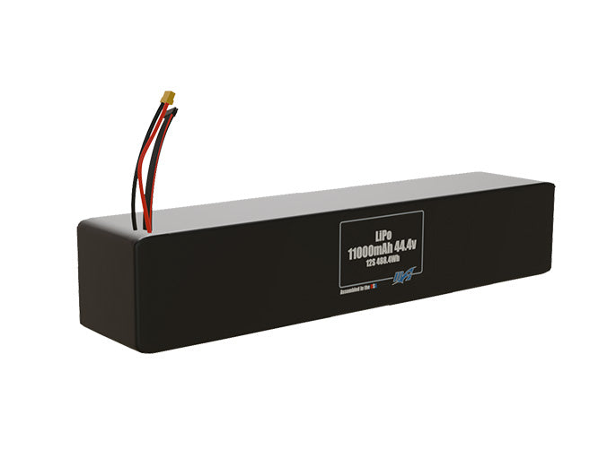 Rendered view of a slim 11000mAh end to end LiPo pack, used in large UAV and defense-grade robotics projects.