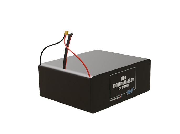 Rendered view of a slim 11000mAh LiPo pack, used in large UAV and defense-grade robotics projects.