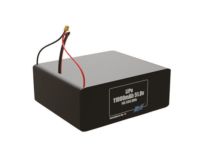 Rendered view of a slim 11000mAh LiPo pack, used in large UAV and defense-grade robotics projects.