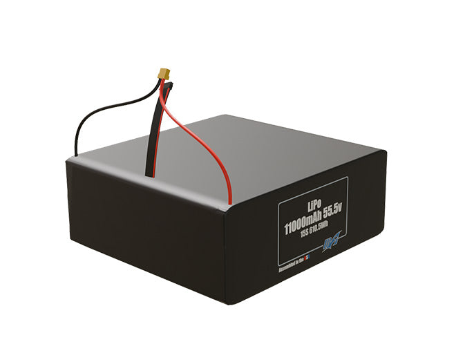 Rendered view of a slim 11000mAh LiPo pack, used in large UAV and defense-grade robotics projects.