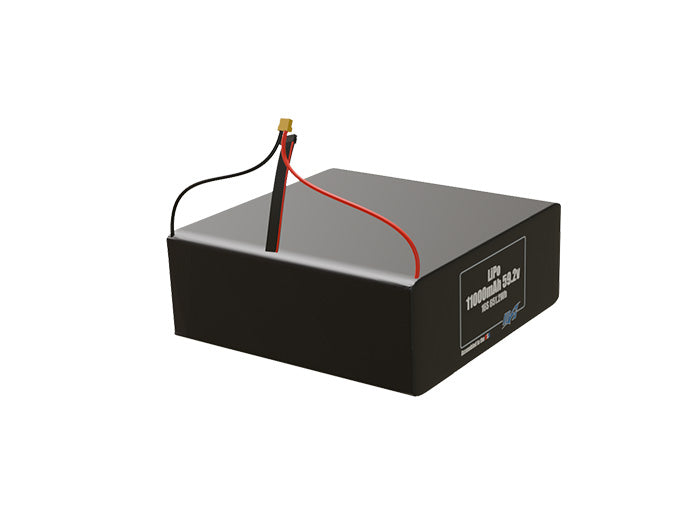 Rendered view of a slim 11000mAh LiPo pack, used in large UAV and defense-grade robotics projects.