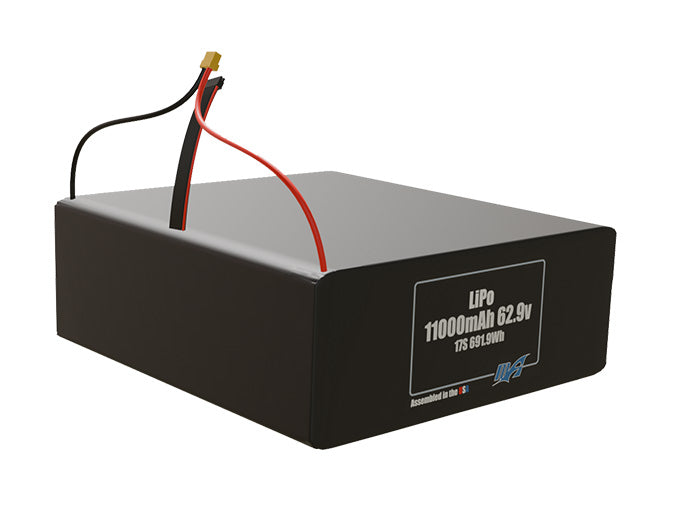 Rendered view of a slim 11000mAh LiPo pack, used in large UAV and defense-grade robotics projects.