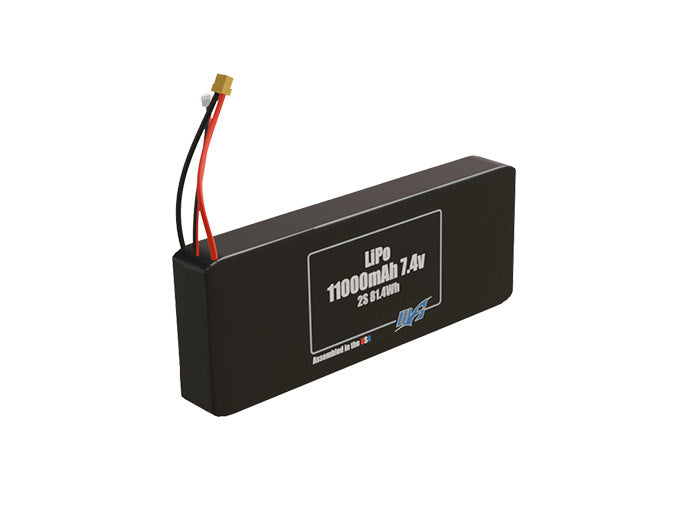 Rendered view of a slim 11000mAh LiPo pack, used in large UAV and defense-grade robotics projects.