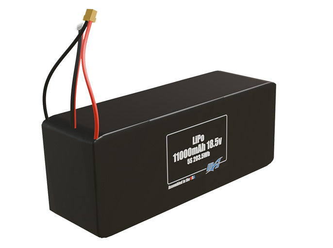 Rendered view of a slim 11000mAh LiPo pack, used in large UAV and defense-grade robotics projects.