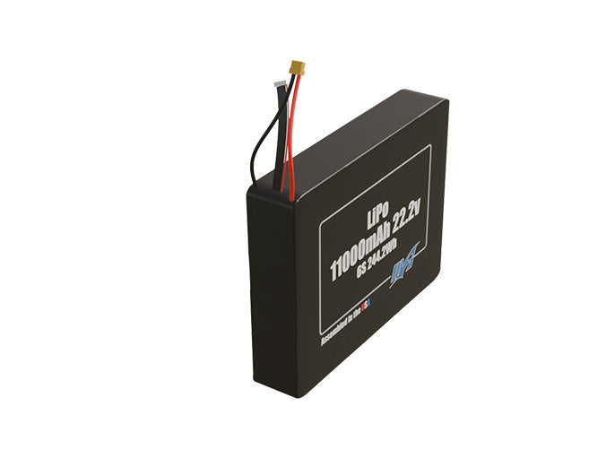 Rendered view of a slim 11000mAh LiPo side by side pack, used in large UAV and defense-grade robotics projects.