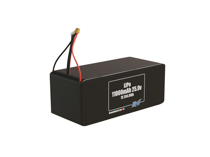 Rendered view of a slim 11000mAh LiPo pack, used in large UAV and defense-grade robotics projects.