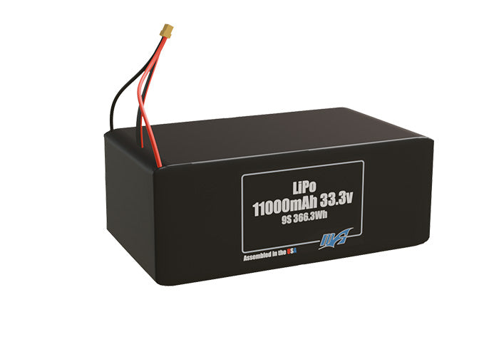 Rendered view of a slim 11000mAh LiPo pack, used in large UAV and defense-grade robotics projects.