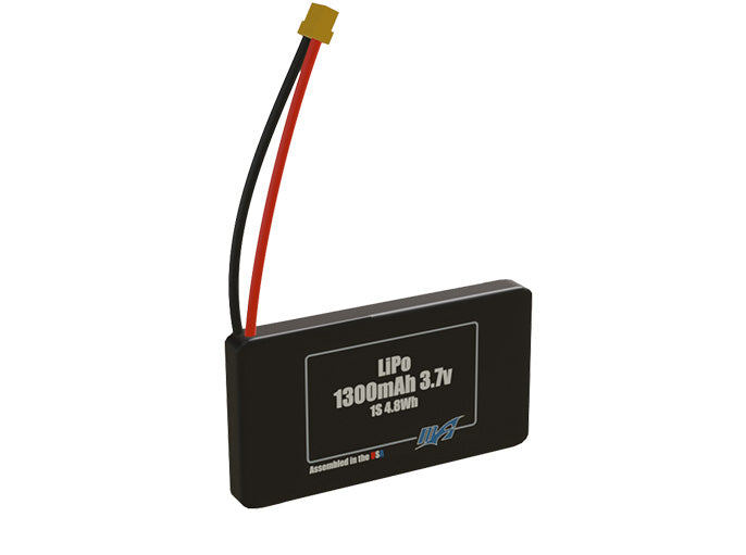 Rendered view of a slim 1300mAh LiPo cell, used in small UAV and defense-grade robotics projects.