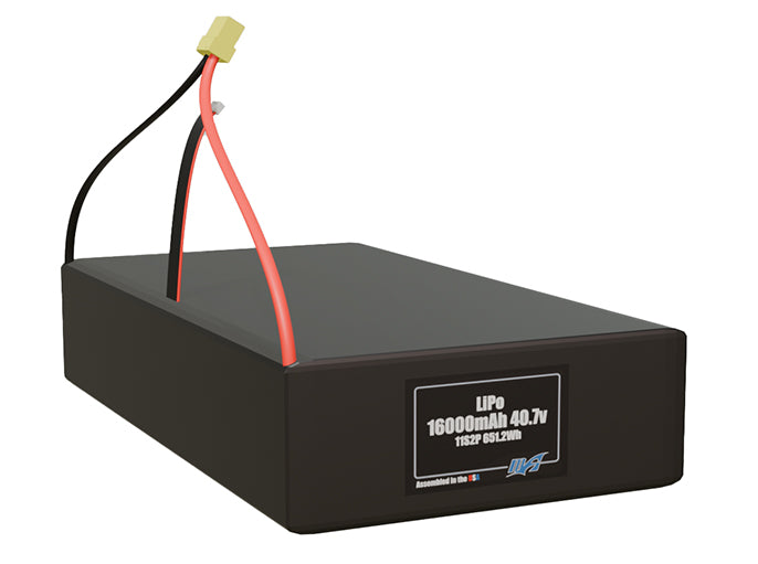 Rendered view of a slim 16000mAh LiPo pack, used in large UAV and defense-grade robotics projects.