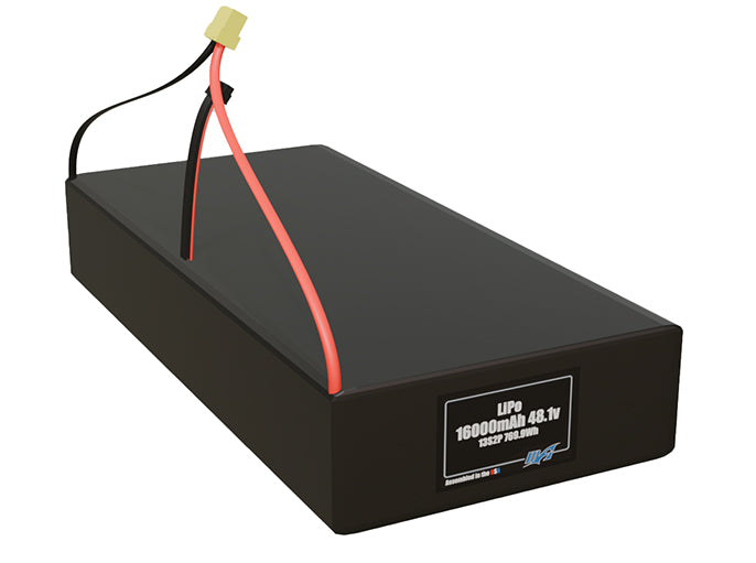Rendered view of a slim 16000mAh LiPo pack, used in large UAV and defense-grade robotics projects.