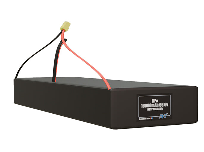 Rendered view of a slim 16000mAh LiPo pack, used in large UAV and defense-grade robotics projects.