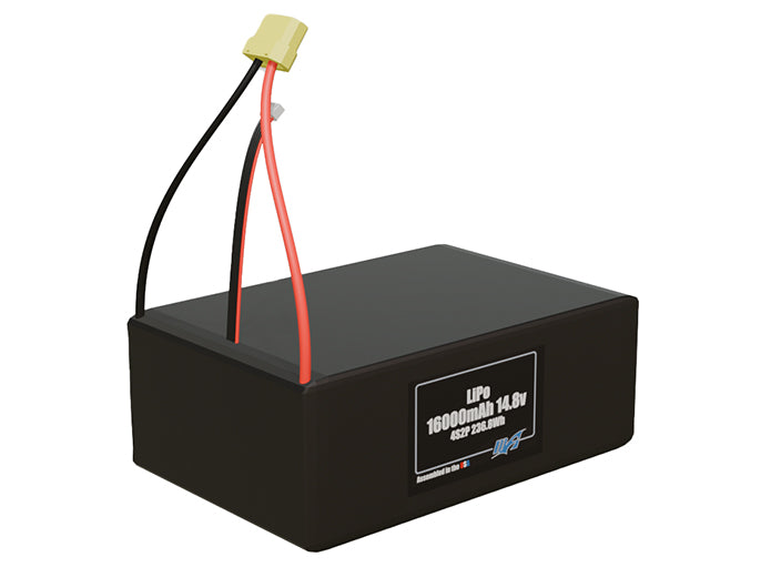 Rendered view of a slim 16000mAh LiPo pack, used in large UAV and defense-grade robotics projects.