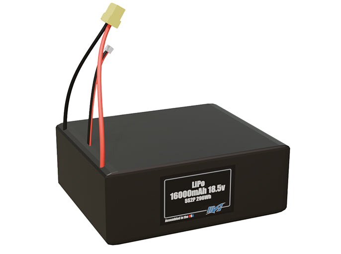 Rendered view of a slim 16000mAh LiPo pack, used in large UAV and defense-grade robotics projects.