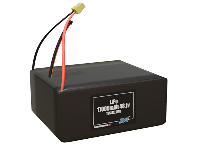 Rendered view of a slim 17000mAh LiPo pack, used in large UAV and defense-grade robotics projects.