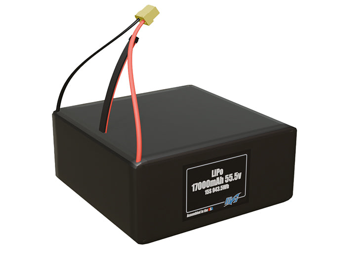 Rendered view of a slim 17000mAh LiPo pack, used in large UAV and defense-grade robotics projects.