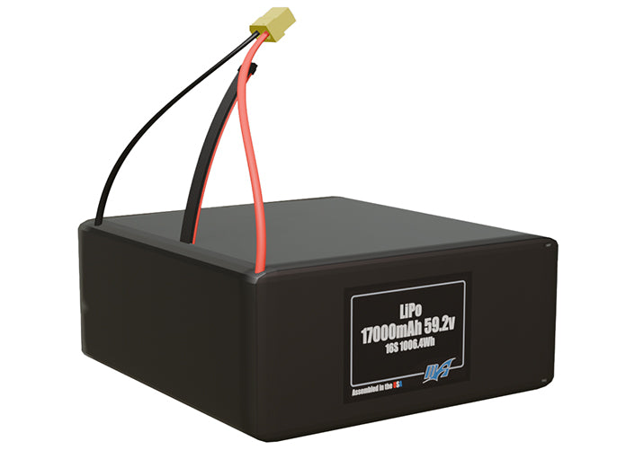 Rendered view of a slim 17000mAh LiPo pack, used in large UAV and defense-grade robotics projects.