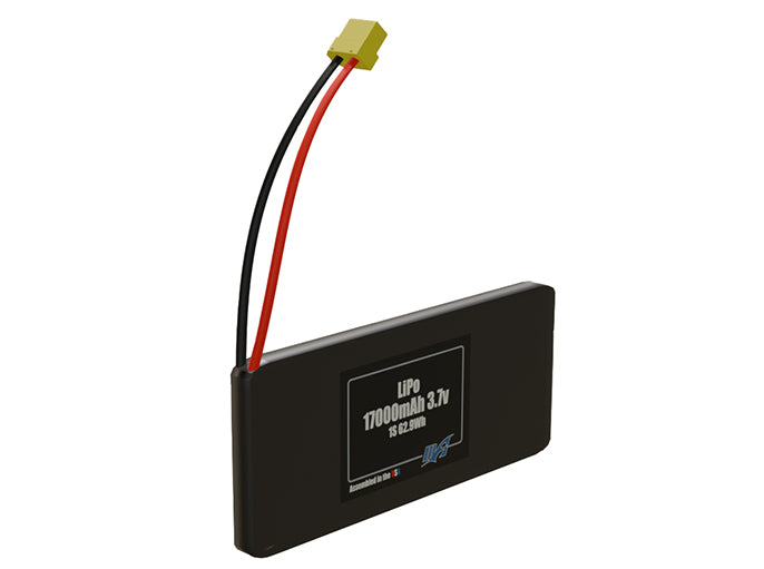 Rendered view of a slim 17000mAh LiPo pack, used in large UAV and defense-grade robotics projects.