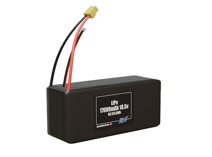 Rendered view of a slim 17000mAh LiPo pack, used in large UAV and defense-grade robotics projects.