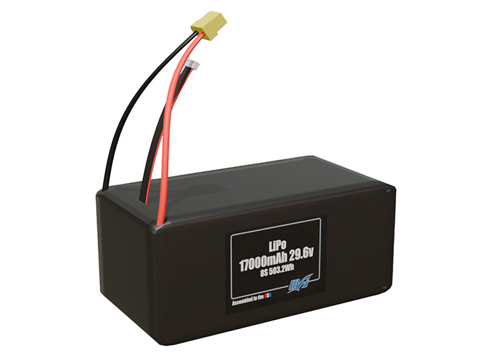 Rendered view of a slim 17000mAh LiPo pack, used in large UAV and defense-grade robotics projects.