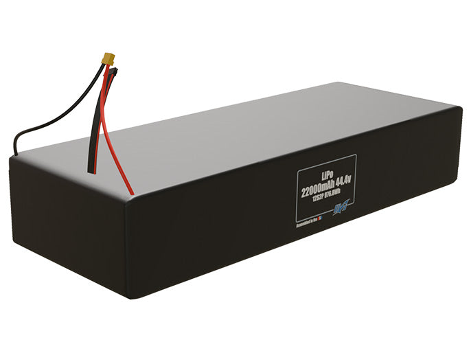 Rendered view of a slim 22000mAh LiPo end to end pack, used in large UAV and defense-grade robotics projects.