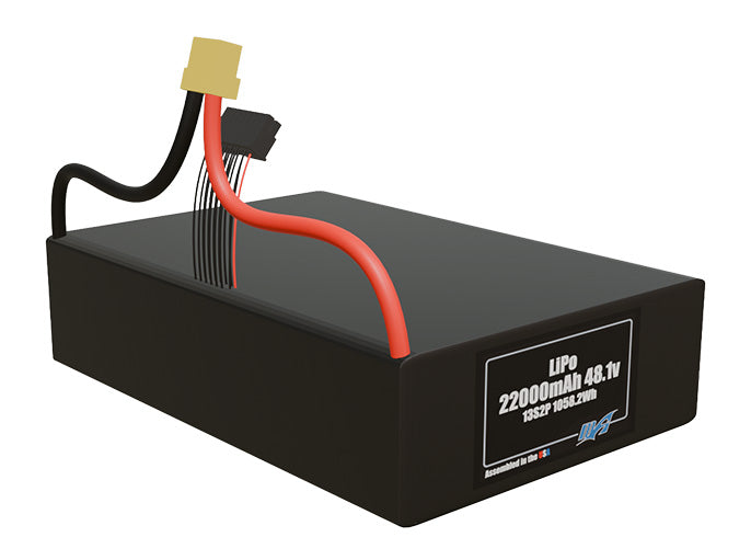 Rendered view of a slim 22000mAh LiPo pack, used in large UAV and defense-grade robotics projects.