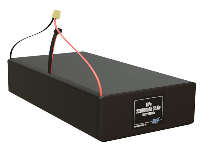 Rendered view of a slim 22000mAh LiPo pack, used in large UAV and defense-grade robotics projects.