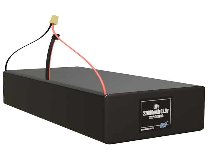 Rendered view of a slim 22000mAh LiPo pack, used in large UAV and defense-grade robotics projects.