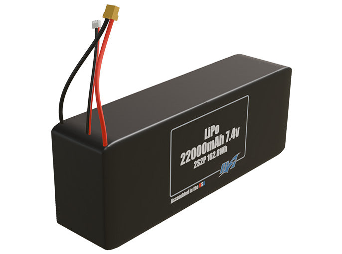 Rendered view of a slim 22000mAh LiPo pack, used in large UAV and defense-grade robotics projects.
