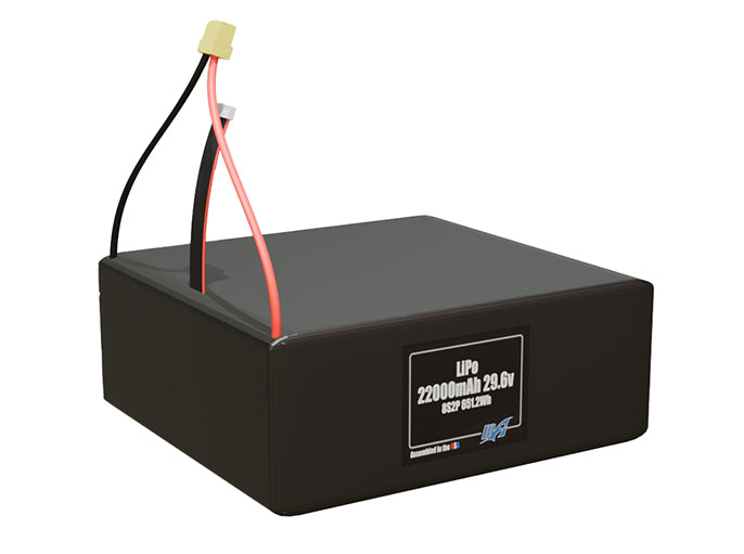 Rendered view of a slim 22000mAh LiPo pack, used in large UAV and defense-grade robotics projects.