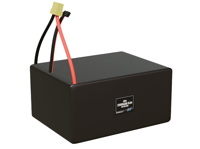 Rendered view of a slim 23000mAh LiPo pack, used in large UAV and defense-grade robotics projects.