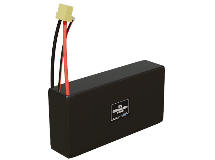 Rendered view of a slim 23000mAh LiPo pack, used in large UAV and defense-grade robotics projects.