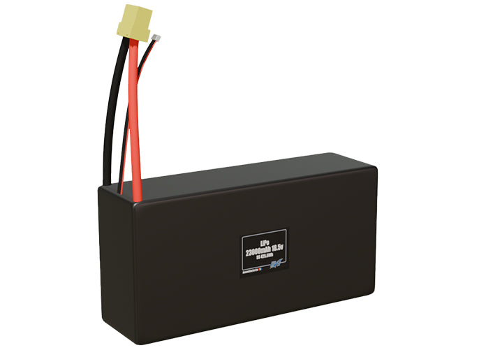 Rendered view of a slim 23000mAh LiPo pack, used in large UAV and defense-grade robotics projects.