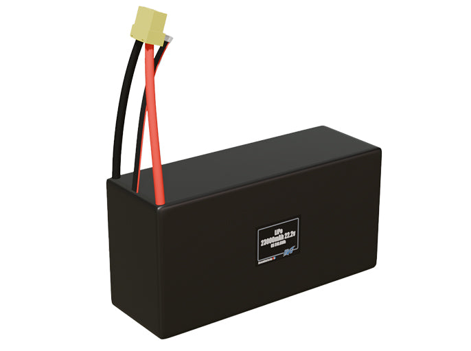 Rendered view of a slim 23000mAh LiPo pack, used in large UAV and defense-grade robotics projects.