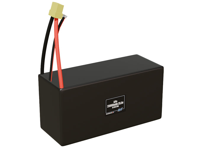 Rendered view of a slim 23000mAh LiPo pack, used in large UAV and defense-grade robotics projects.