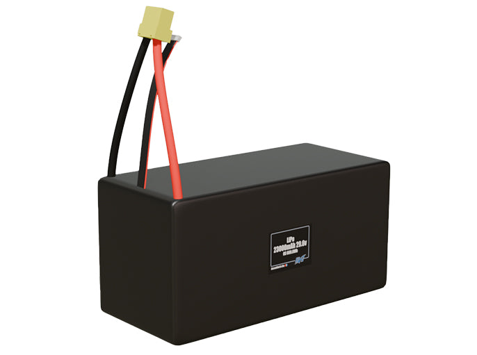 Rendered view of a slim 23000mAh LiPo pack, used in large UAV and defense-grade robotics projects.