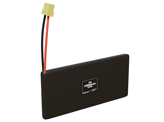 Rendered view of a slim 27000mAh LiPo pack, used in large UAV and defense-grade robotics projects.