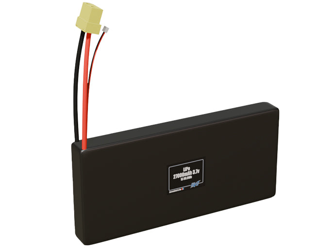 Rendered view of a slim 27000mAh LiPo pack, used in large UAV and defense-grade robotics projects.