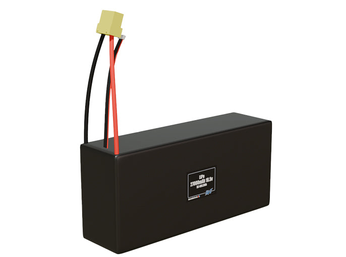Rendered view of a slim 27000mAh LiPo pack, used in large UAV and defense-grade robotics projects.
