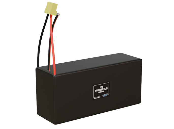 Rendered view of a slim 27000mAh LiPo pack, used in large UAV and defense-grade robotics projects.