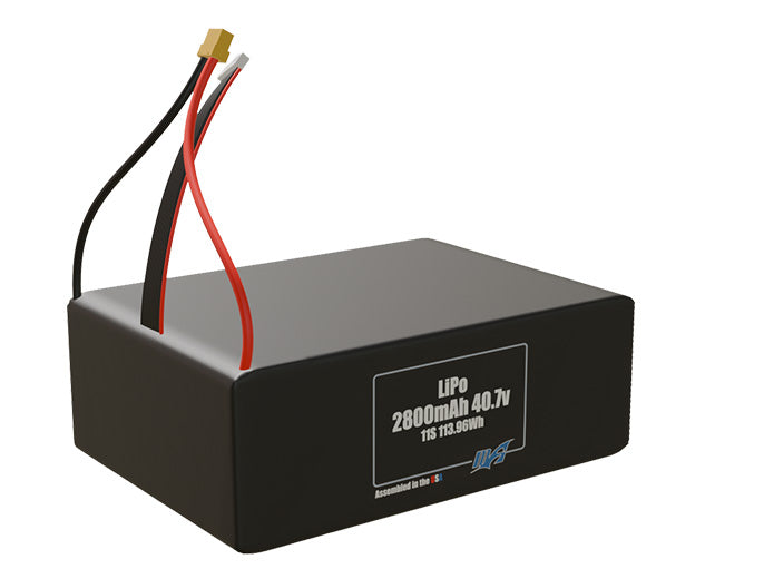 Rendered view of a slim 2800mAh LiPo pack, used in small UAV and defense-grade robotics projects.