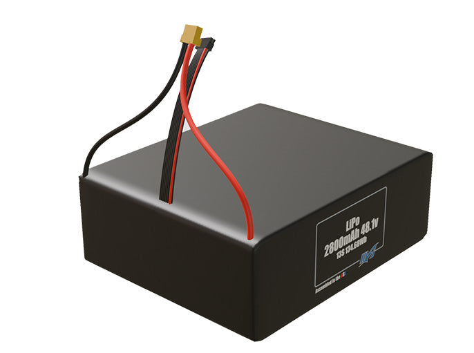 Rendered view of a slim 2800mAh LiPo pack, used in small UAV and defense-grade robotics projects.
