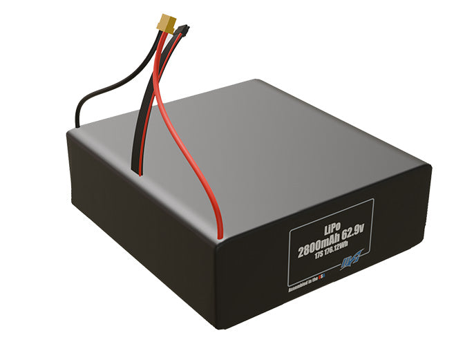Rendered view of a slim 2800mAh LiPo pack, used in small UAV and defense-grade robotics projects.
