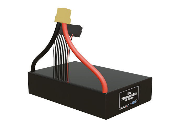 Rendered view of a slim 2800mAh LiPo pack, used in small UAV and defense-grade robotics projects.