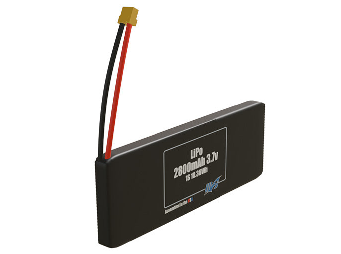 Rendered view of a slim 2800mAh LiPo pack, used in small UAV and defense-grade robotics projects.